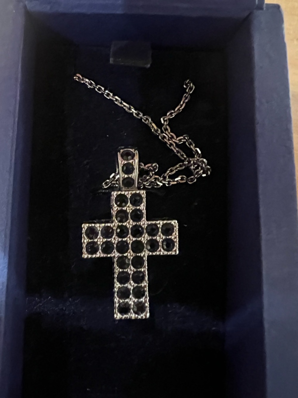 Swarovski Black Rhinestone Pavr Cross Pendant Necklace Silver Tone RARE